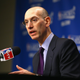 Adam Silver the NBA Commissioner talks to the media before the start of the Oklahoma City Thunder game against the Memphis Grizzlies in Game 4 of the Western Conference Quarterfinals during the 2014 NBA Playoffs at FedExForum on April 26, 2014 in Memphis, Tennessee.